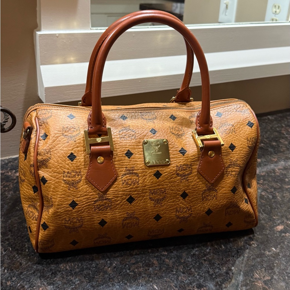 MCM Visetos Boston Bag Handbag Brown Genuine Leather Bag Unisex Vintage